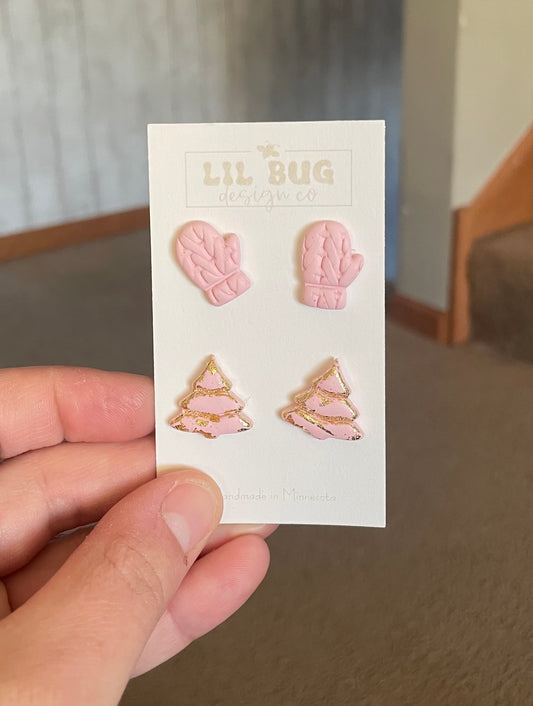 Pink Tree & Mitten Stud Pack