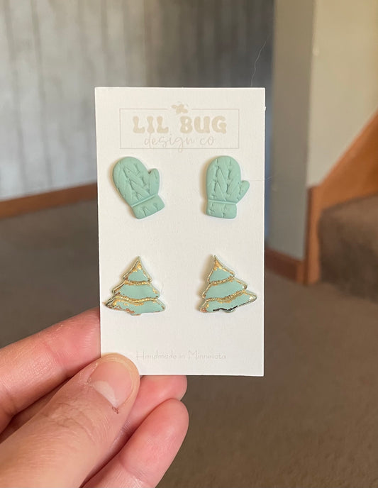 Blue/Green Tree & Mitten Stud Pack